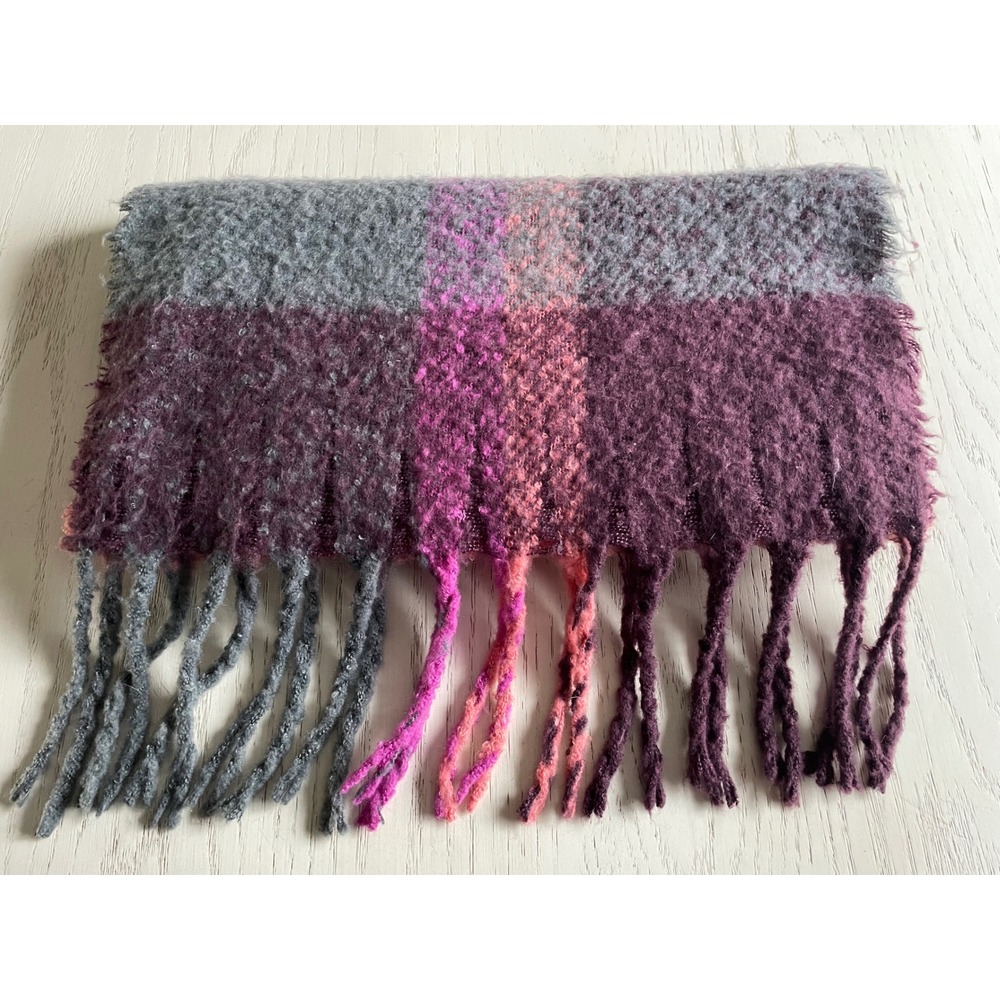 Juicy Couture Plaid Fringe Blanket Scarf Cozy Soft Purple Pink Gray One Size‎